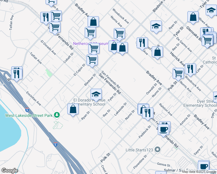 map of restaurants, bars, coffee shops, grocery stores, and more near 15171 Tyler Street in Los Angeles