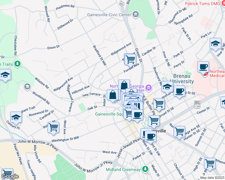 map of restaurants, bars, coffee shops, grocery stores, and more near 413 Northside Drive in Gainesville