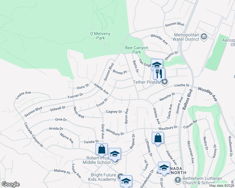 map of restaurants, bars, coffee shops, grocery stores, and more near 12790 Jolette Avenue in Los Angeles