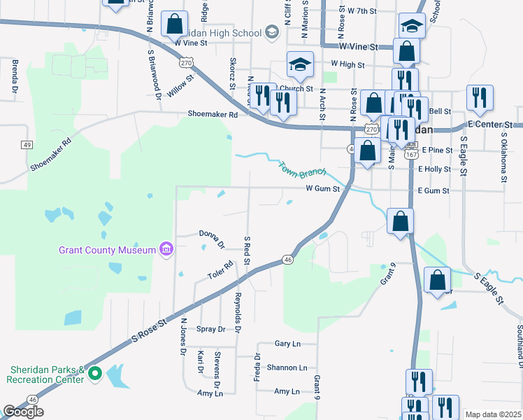 map of restaurants, bars, coffee shops, grocery stores, and more near 407 South Red Street in Sheridan