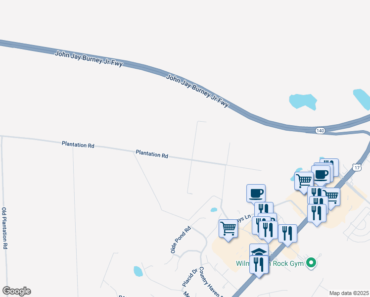 map of restaurants, bars, coffee shops, grocery stores, and more near 7711 Plantation Road in Wilmington