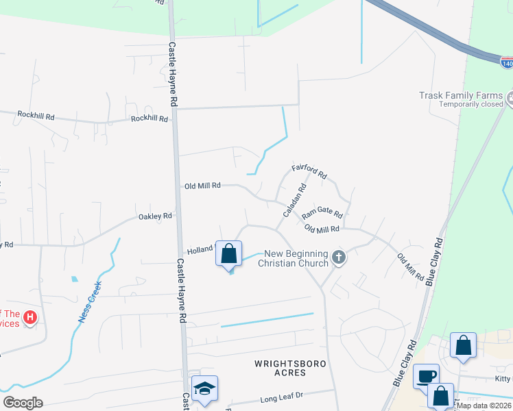 map of restaurants, bars, coffee shops, grocery stores, and more near 102 Old Mill Road in Castle Hayne