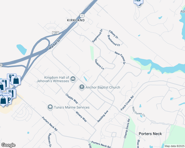 map of restaurants, bars, coffee shops, grocery stores, and more near 8709 Pinkerton Drive in Wilmington