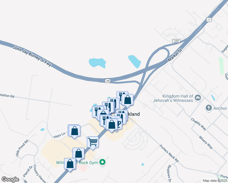 map of restaurants, bars, coffee shops, grocery stores, and more near 191 Porters Neck Road in Wilmington