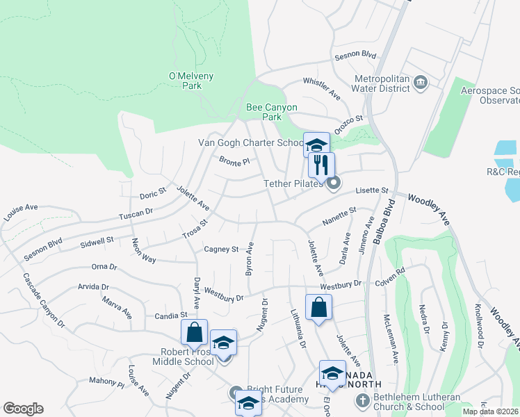 map of restaurants, bars, coffee shops, grocery stores, and more near 12758 Byron Avenue in Los Angeles