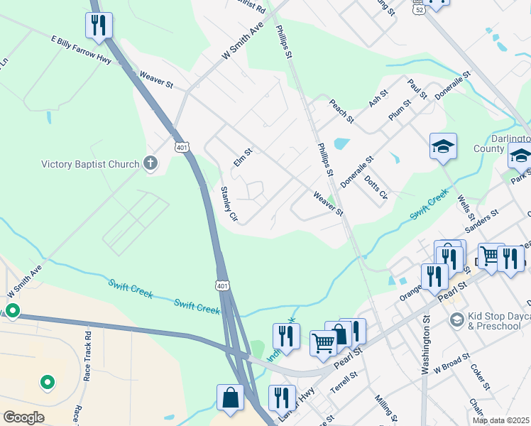 map of restaurants, bars, coffee shops, grocery stores, and more near 528 James Paul Drive in Darlington