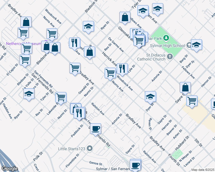 map of restaurants, bars, coffee shops, grocery stores, and more near 14771 Polk Street in Los Angeles