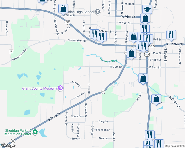map of restaurants, bars, coffee shops, grocery stores, and more near 403 South Red Street in Sheridan