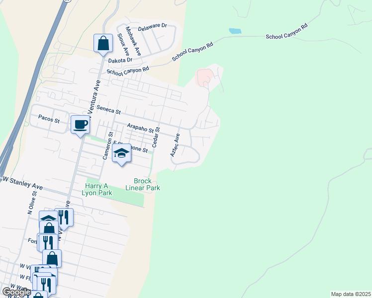 map of restaurants, bars, coffee shops, grocery stores, and more near 688 Kickapoo Drive in Ventura