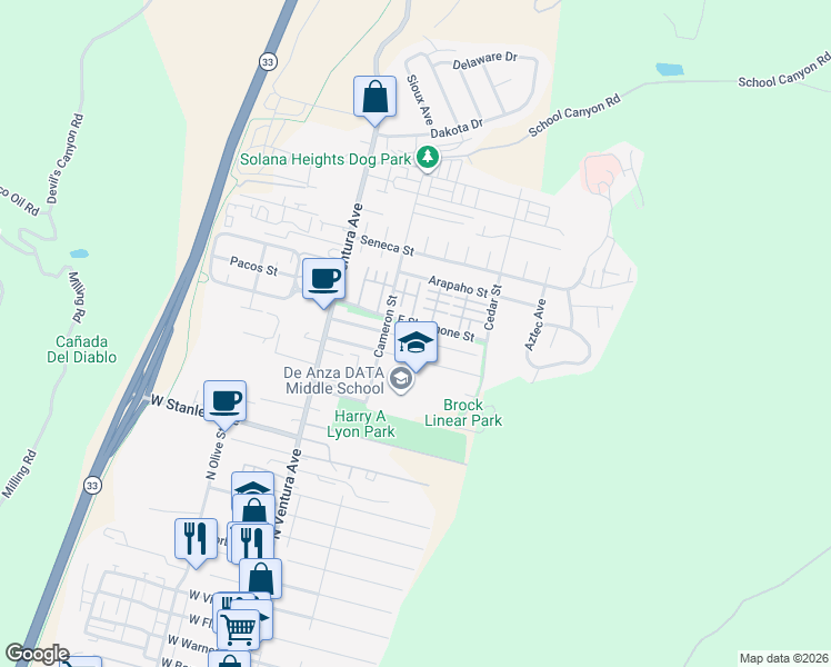 map of restaurants, bars, coffee shops, grocery stores, and more near 225 Barry Drive in Ventura