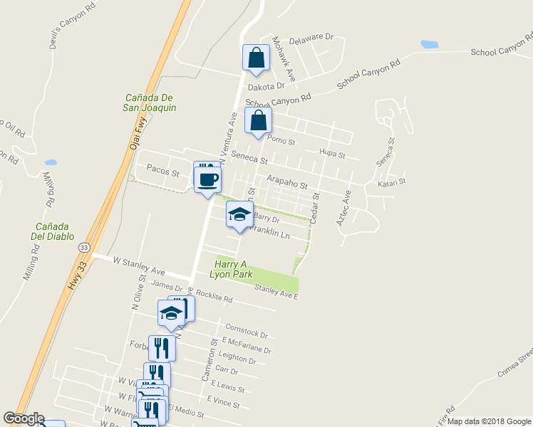 map of restaurants, bars, coffee shops, grocery stores, and more near 225 Barry Drive in Ventura