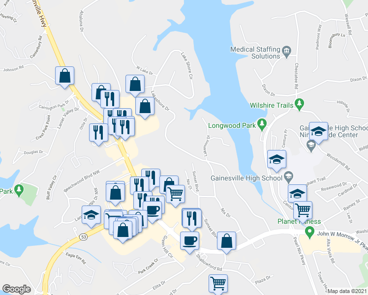 map of restaurants, bars, coffee shops, grocery stores, and more near 1008 Lakeshore Drive in Gainesville