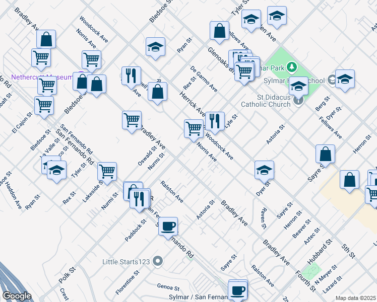 map of restaurants, bars, coffee shops, grocery stores, and more near 14771 Polk Street in Los Angeles