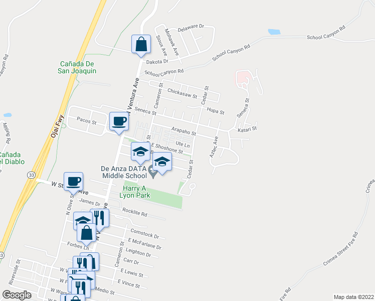 map of restaurants, bars, coffee shops, grocery stores, and more near 421 East Shoshone Street in Ventura