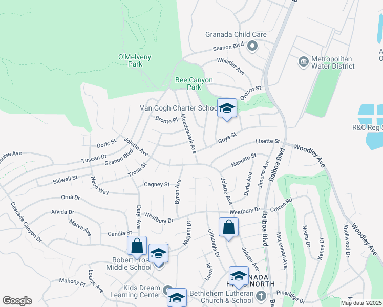 map of restaurants, bars, coffee shops, grocery stores, and more near 12765 Meadowlark Avenue in Los Angeles