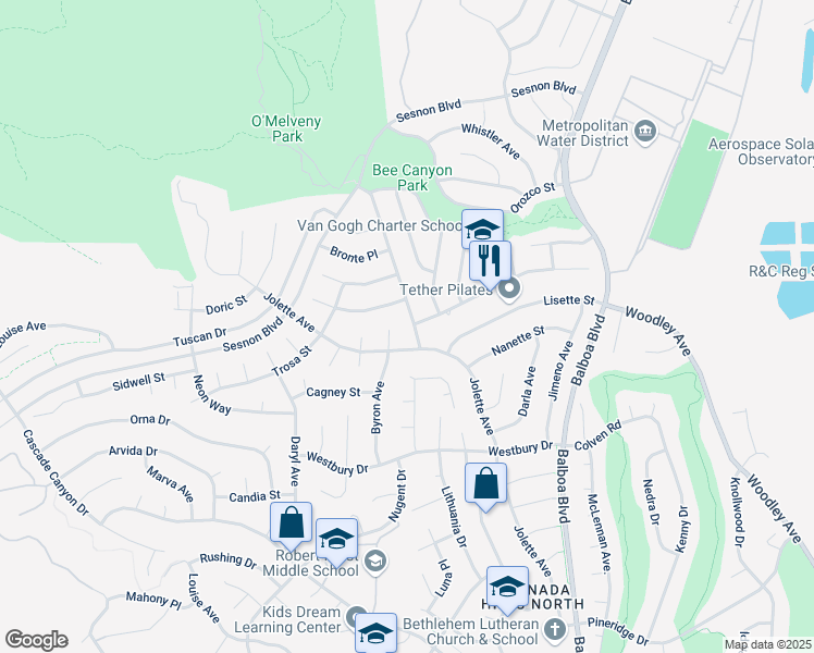 map of restaurants, bars, coffee shops, grocery stores, and more near 12765 Meadowlark Avenue in Los Angeles