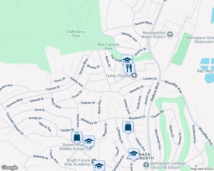 map of restaurants, bars, coffee shops, grocery stores, and more near 12765 Meadowlark Avenue in Los Angeles