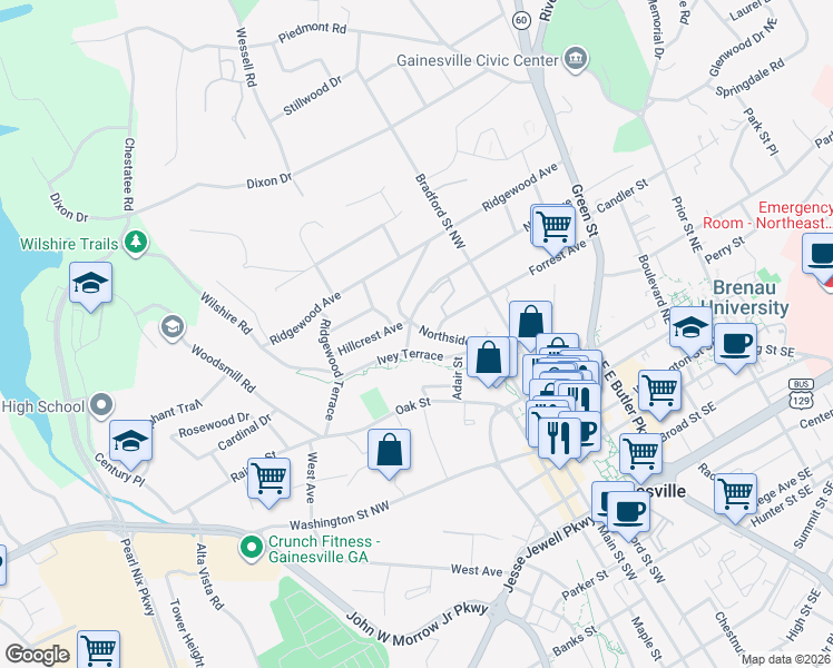 map of restaurants, bars, coffee shops, grocery stores, and more near 601 North Avenue in Gainesville