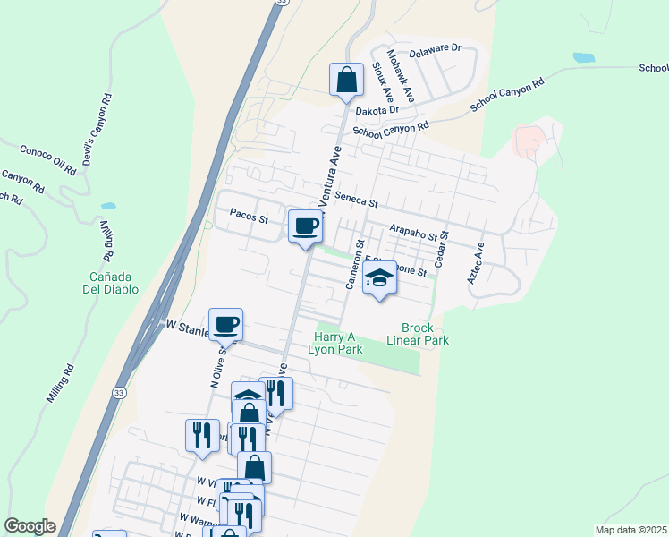 map of restaurants, bars, coffee shops, grocery stores, and more near 2280 North Ventura Avenue in Ventura