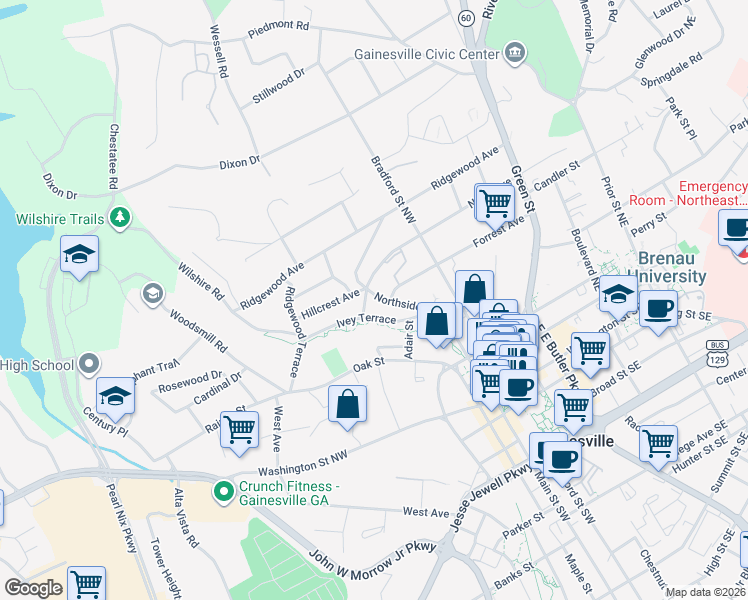 map of restaurants, bars, coffee shops, grocery stores, and more near 601 North Avenue in Gainesville