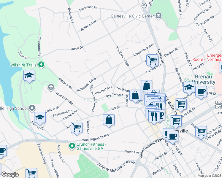 map of restaurants, bars, coffee shops, grocery stores, and more near 605 Hillcrest Avenue in Gainesville
