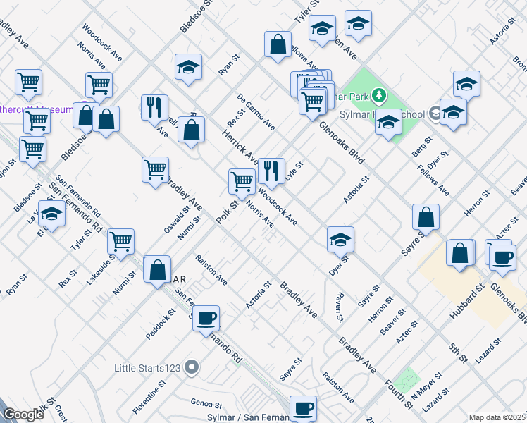 map of restaurants, bars, coffee shops, grocery stores, and more near 12796 Norris Avenue in Los Angeles