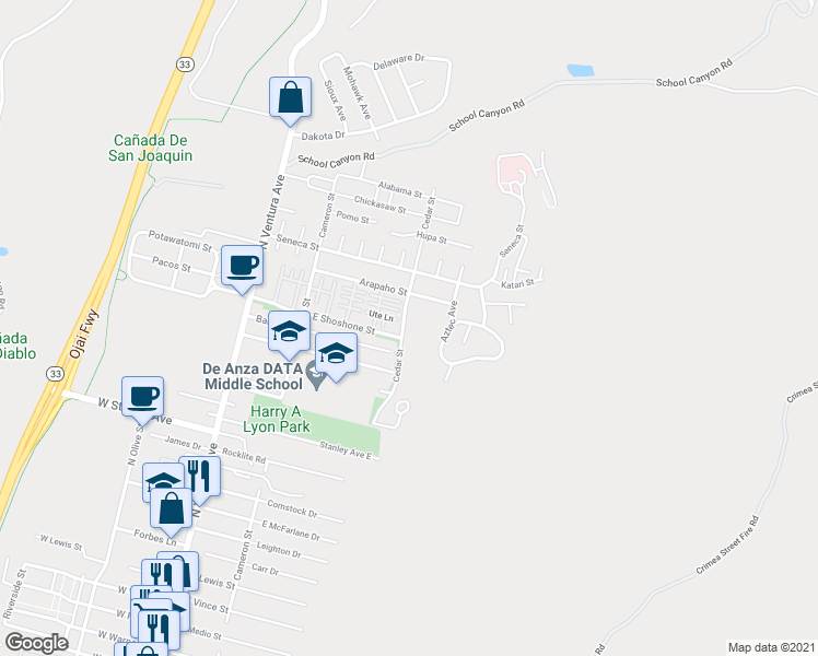 map of restaurants, bars, coffee shops, grocery stores, and more near 2330 Cedar Street in Ventura