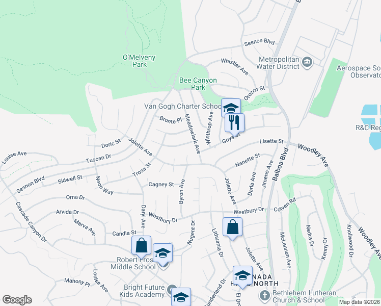 map of restaurants, bars, coffee shops, grocery stores, and more near 12758 Byron Avenue in Los Angeles