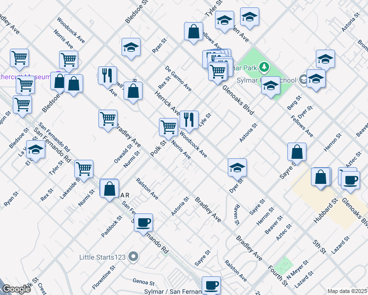map of restaurants, bars, coffee shops, grocery stores, and more near 12796 Norris Avenue in Los Angeles