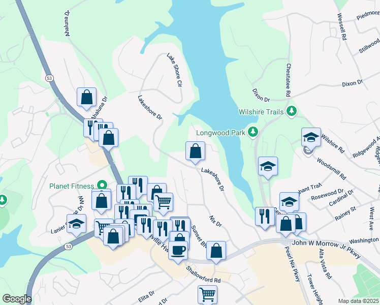 map of restaurants, bars, coffee shops, grocery stores, and more near 991 Lakemont Drive in Gainesville