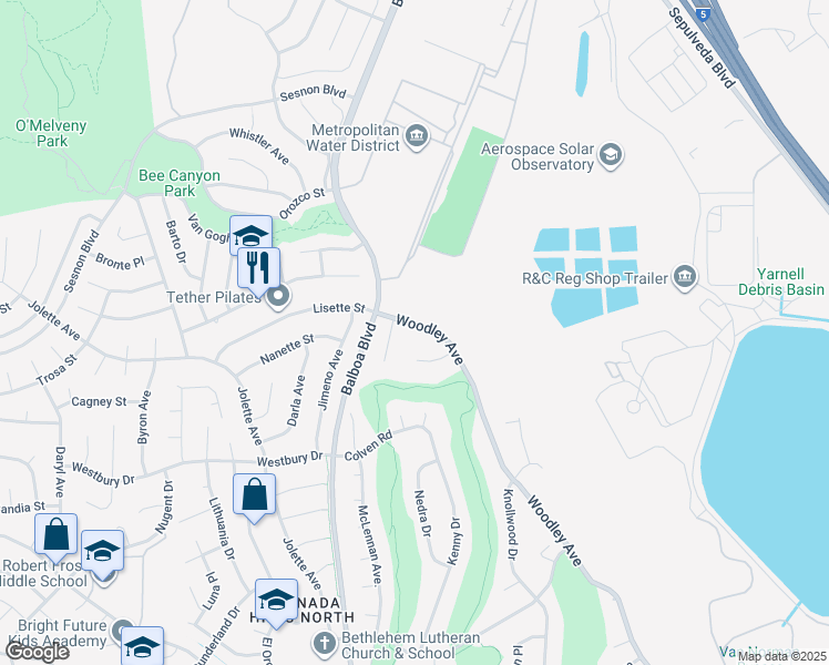 map of restaurants, bars, coffee shops, grocery stores, and more near 12809 Woodley Avenue in Los Angeles
