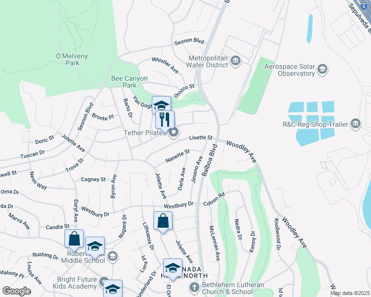 map of restaurants, bars, coffee shops, grocery stores, and more near 17065 Nanette Street in Granada Hills