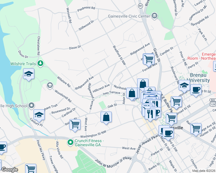 map of restaurants, bars, coffee shops, grocery stores, and more near 605 Hillcrest Avenue in Gainesville