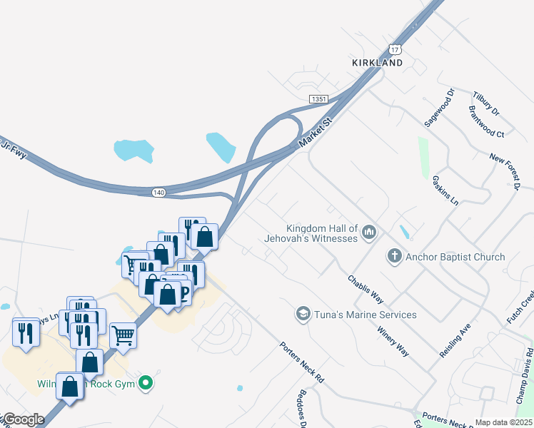 map of restaurants, bars, coffee shops, grocery stores, and more near 204 Chablis Way in Wilmington