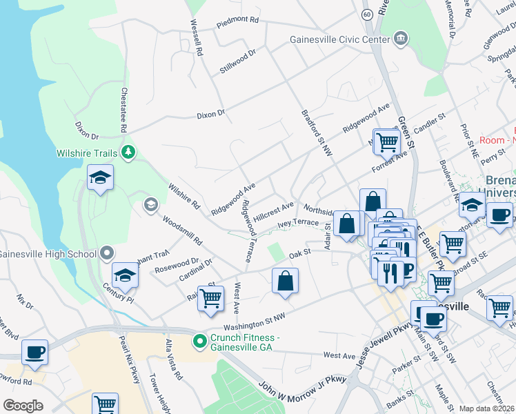map of restaurants, bars, coffee shops, grocery stores, and more near 671 Blue Ridge Avenue in Gainesville
