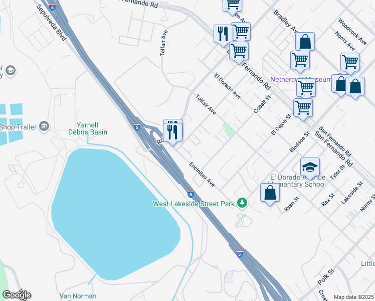 map of restaurants, bars, coffee shops, grocery stores, and more near 15879 Larkspur Street in Los Angeles
