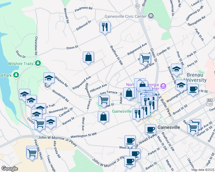 map of restaurants, bars, coffee shops, grocery stores, and more near 602 Hillcrest Avenue in Gainesville