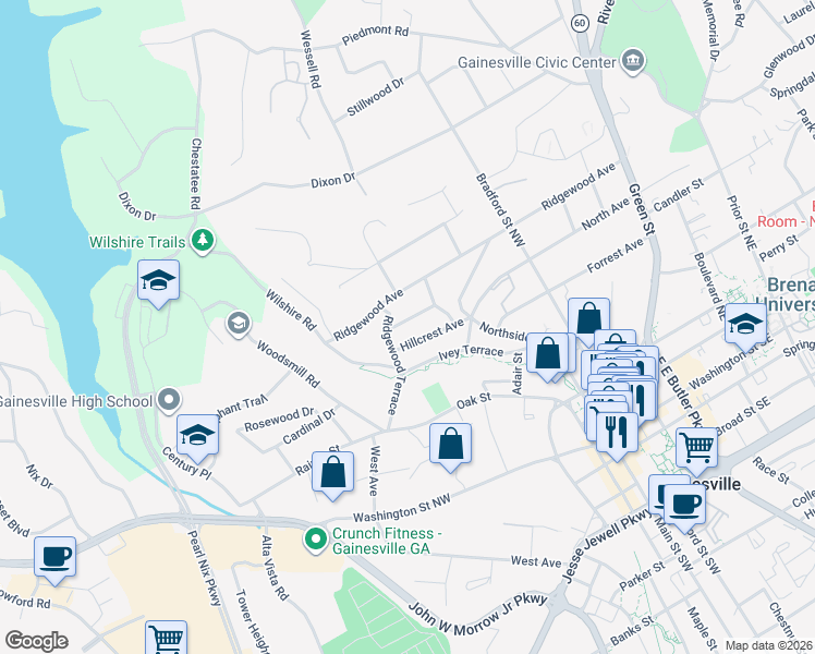 map of restaurants, bars, coffee shops, grocery stores, and more near 671 Blue Ridge Avenue in Gainesville