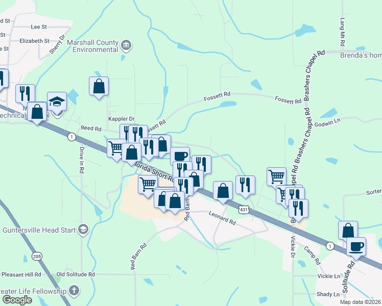 map of restaurants, bars, coffee shops, grocery stores, and more near 450 Reed Road in Guntersville