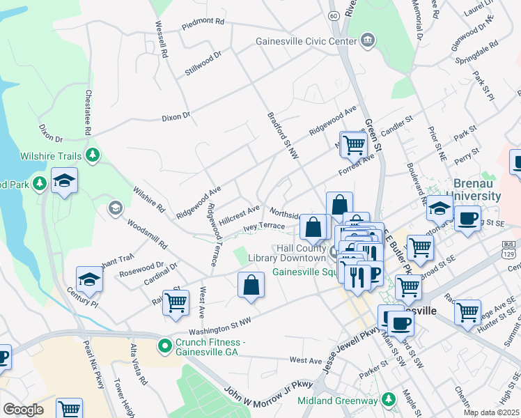 map of restaurants, bars, coffee shops, grocery stores, and more near 602 Hillcrest Avenue in Gainesville