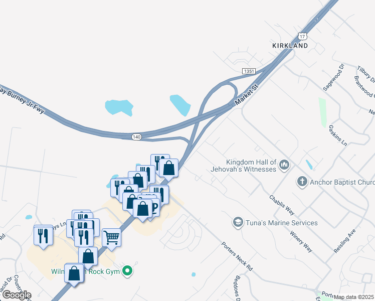 map of restaurants, bars, coffee shops, grocery stores, and more near U.S. 17 in Wilmington