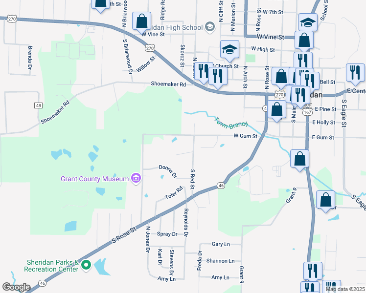 map of restaurants, bars, coffee shops, grocery stores, and more near 407 South Red Street in Sheridan