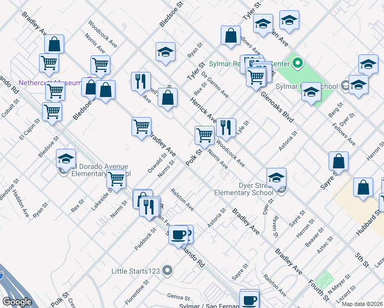 map of restaurants, bars, coffee shops, grocery stores, and more near 14785 Polk Street in Los Angeles