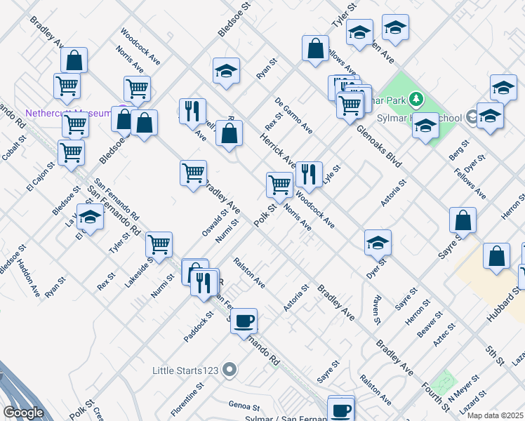 map of restaurants, bars, coffee shops, grocery stores, and more near 14785 Polk Street in Los Angeles