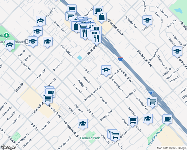 map of restaurants, bars, coffee shops, grocery stores, and more near 13664 Leach Street in San Fernando