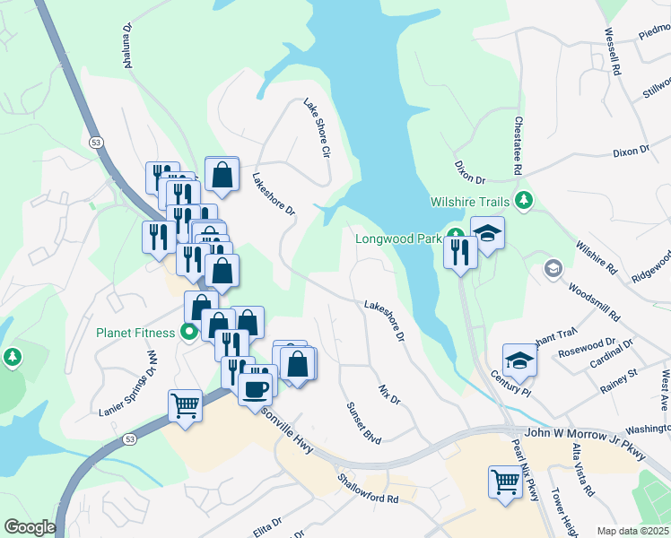 map of restaurants, bars, coffee shops, grocery stores, and more near 991 Lakemont Drive in Gainesville