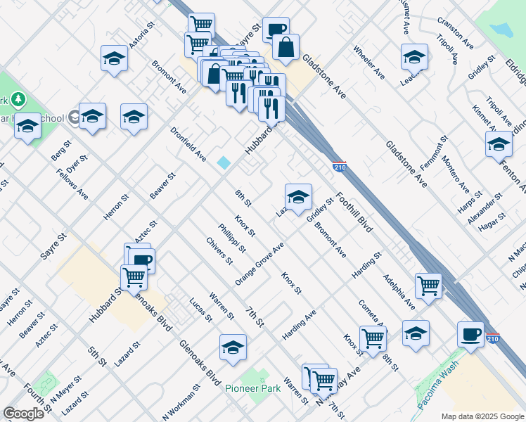 map of restaurants, bars, coffee shops, grocery stores, and more near 1965 8th Street in San Fernando