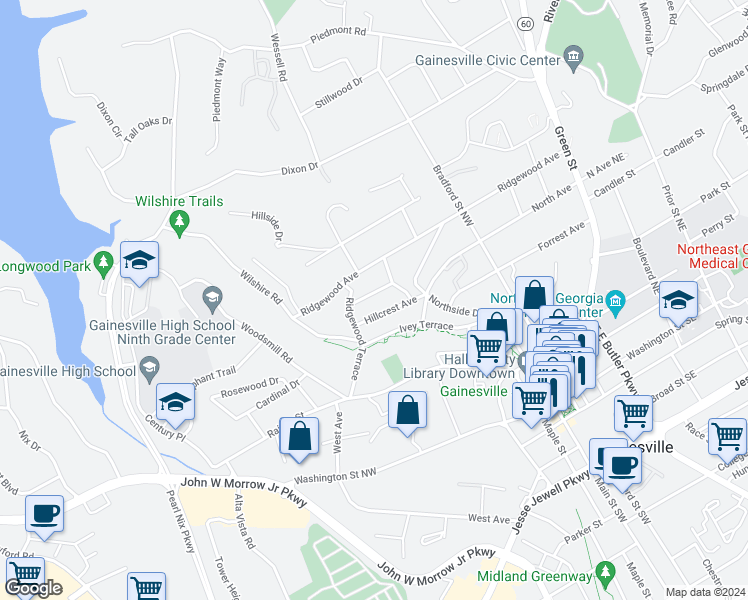 map of restaurants, bars, coffee shops, grocery stores, and more near 661 Blue Ridge Avenue in Gainesville