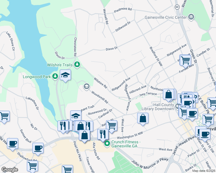 map of restaurants, bars, coffee shops, grocery stores, and more near 652 Wilshire Place Northwest in Gainesville