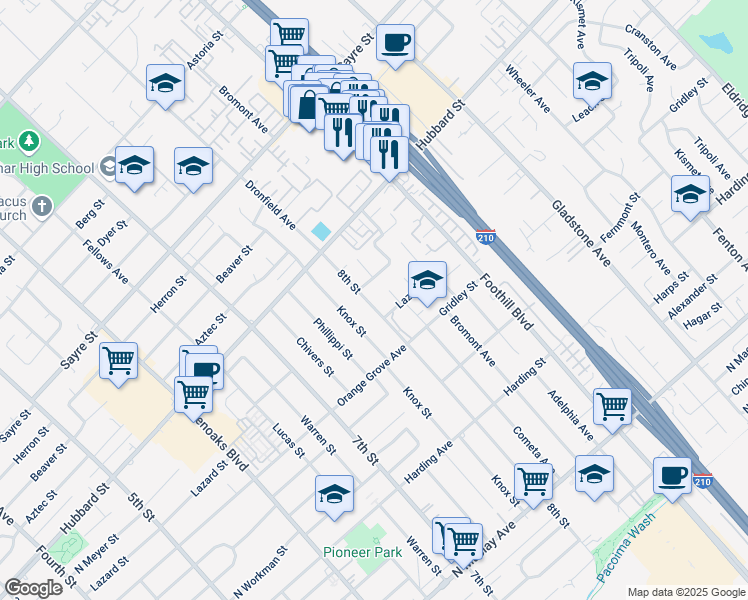map of restaurants, bars, coffee shops, grocery stores, and more near 1967 8th Street in San Fernando